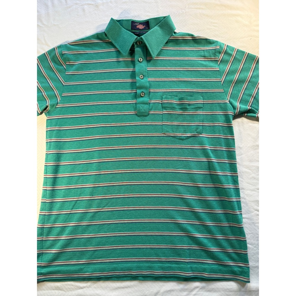 Vintage Puritan Sporting Life Green Striped Polo Shirt Large Short Sleeve Pocket